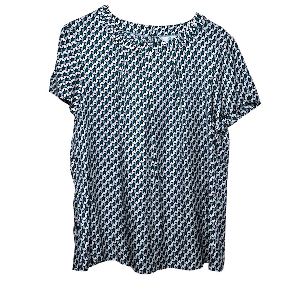 Boden Silk Blend Geometric Print Short Sleeve Blouse Green Navy Size 12